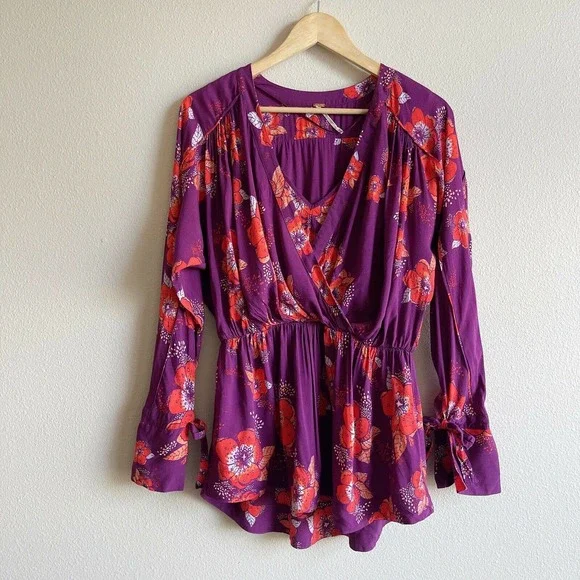 Free People Tuscan Dreams Plum Wrap Blouse Size XS - Picture 2 of 7